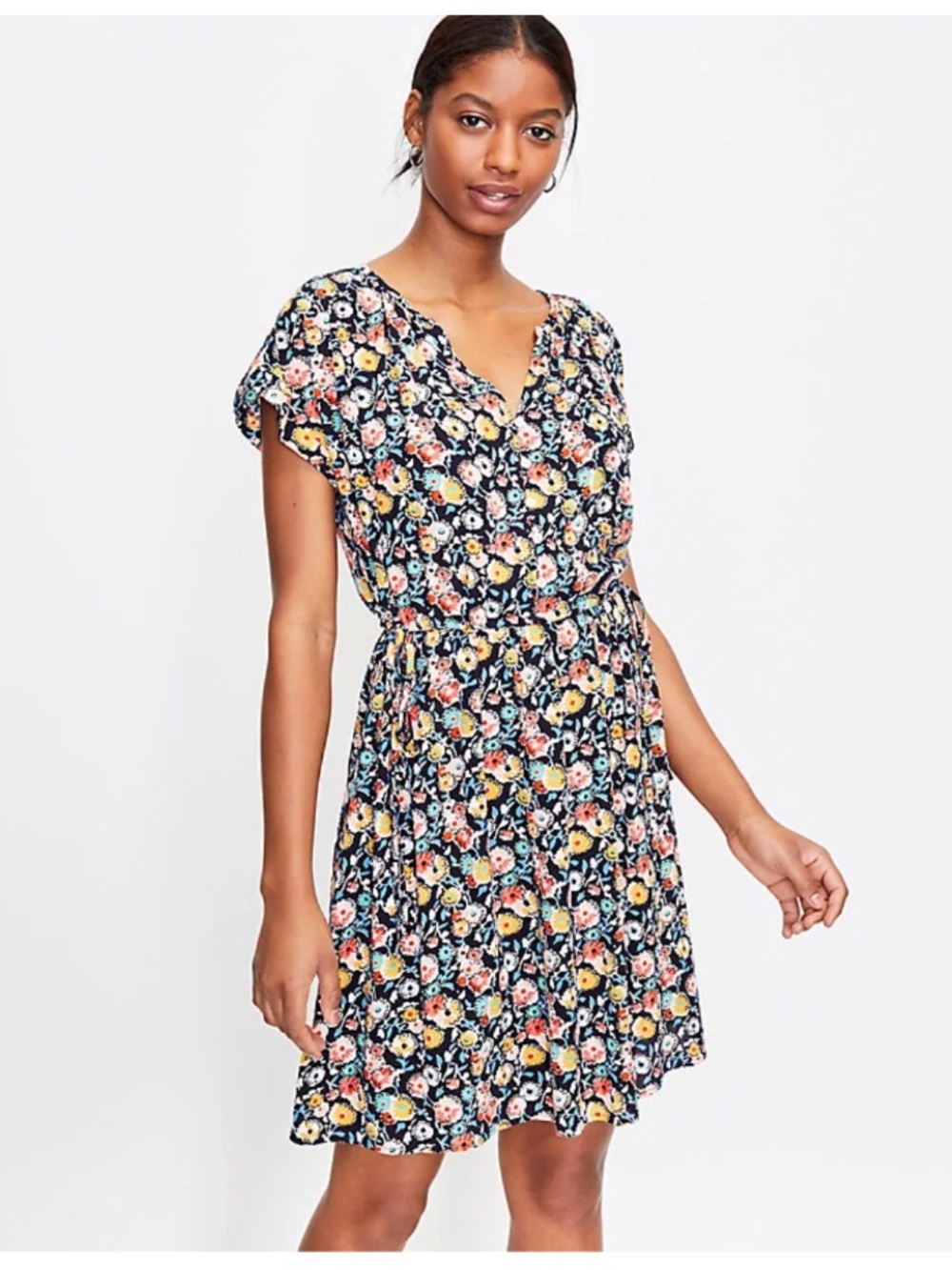 Ann Taylor LOFT Woven Gauze Ditsy Floral Button-Up A-Line Dress Navy Small
